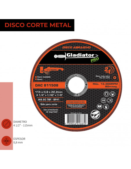 DISCO CORTE 4 1/2" X 0,8mm METAL/INOX DAC 811508