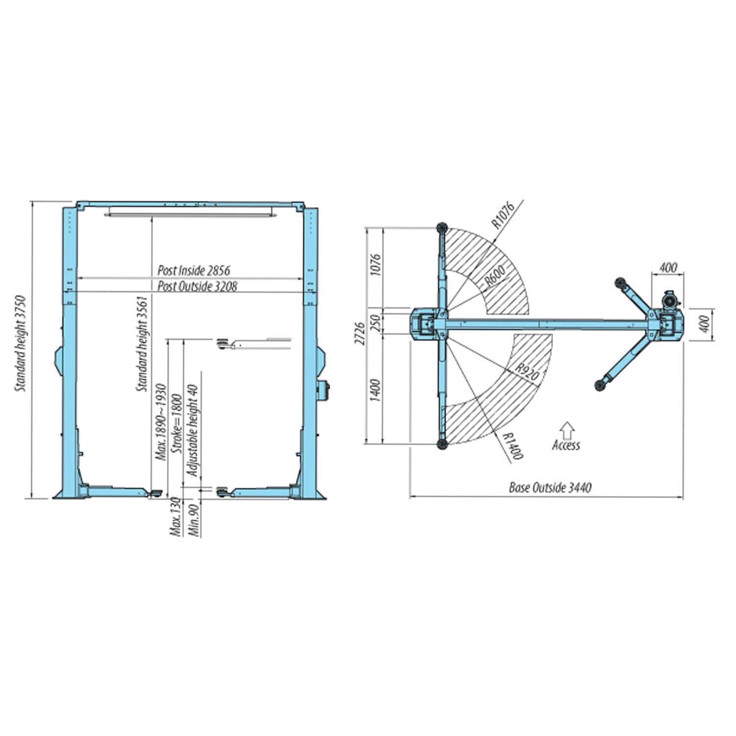 Elevador dos columnas Automático 4000 KG - Brazos dobles - 220 v