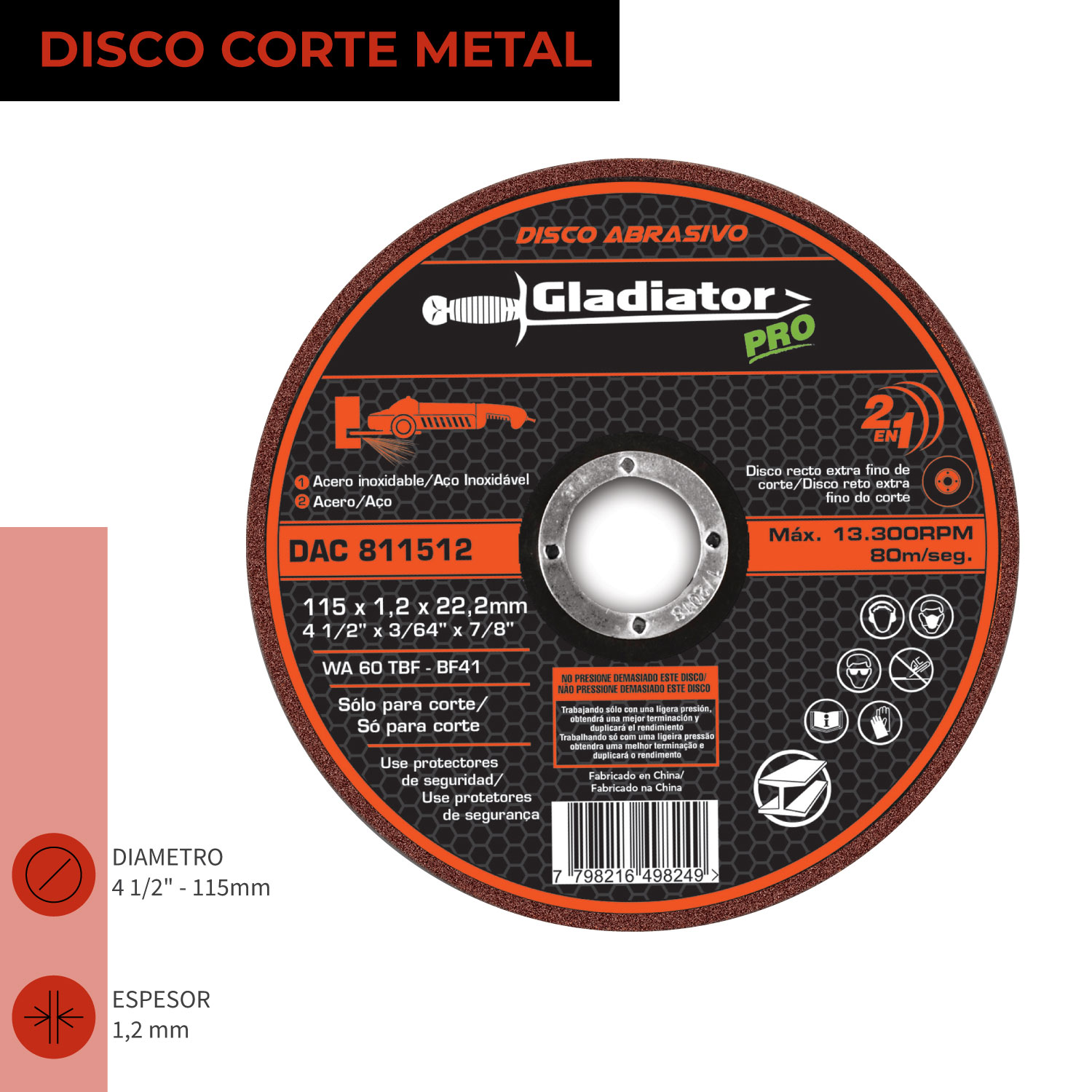 Disco corte 4 1/2' x 1.2mm metal/inox dac 811512
