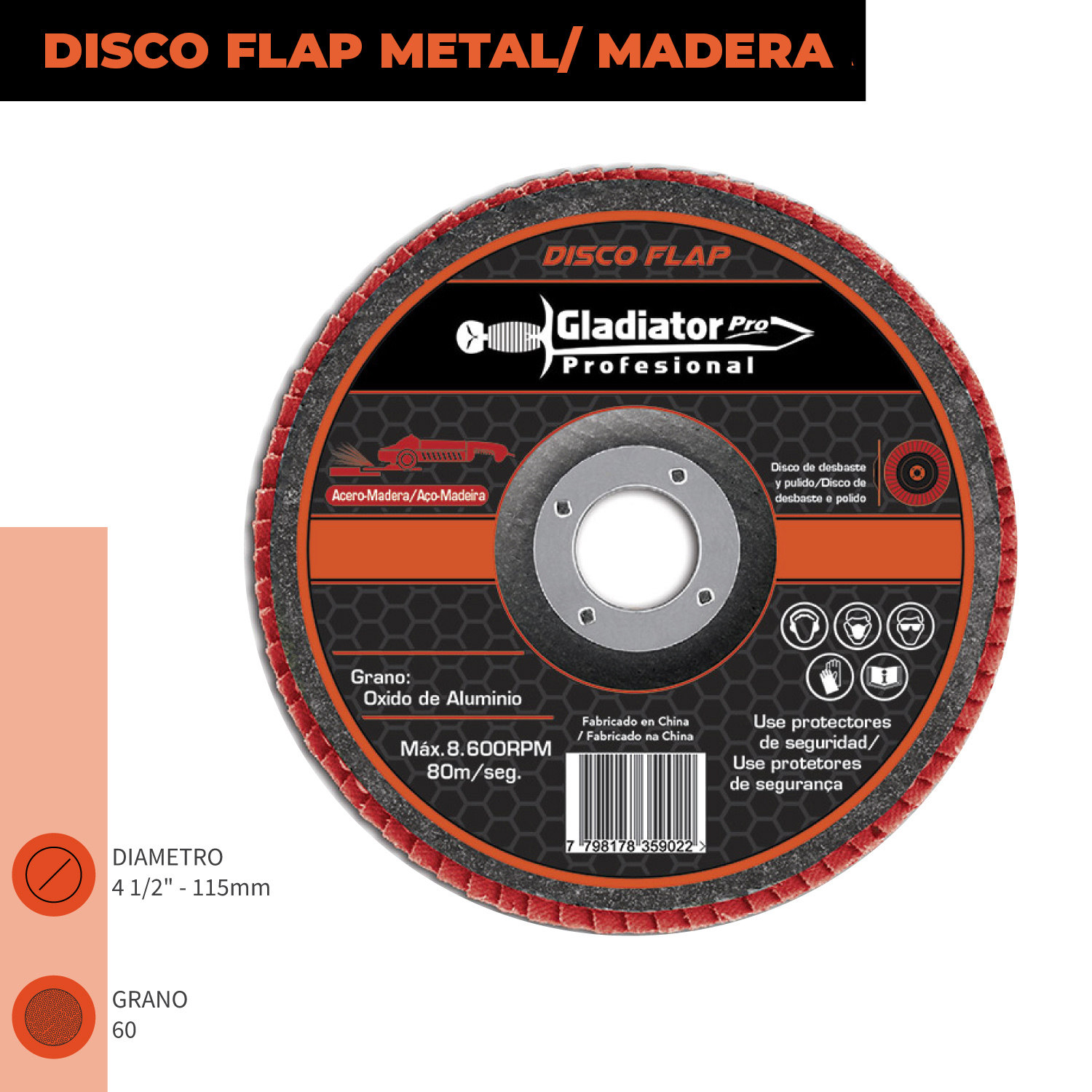 Disco flap 4 1/2' acero y madera gr120 dfa 8115120