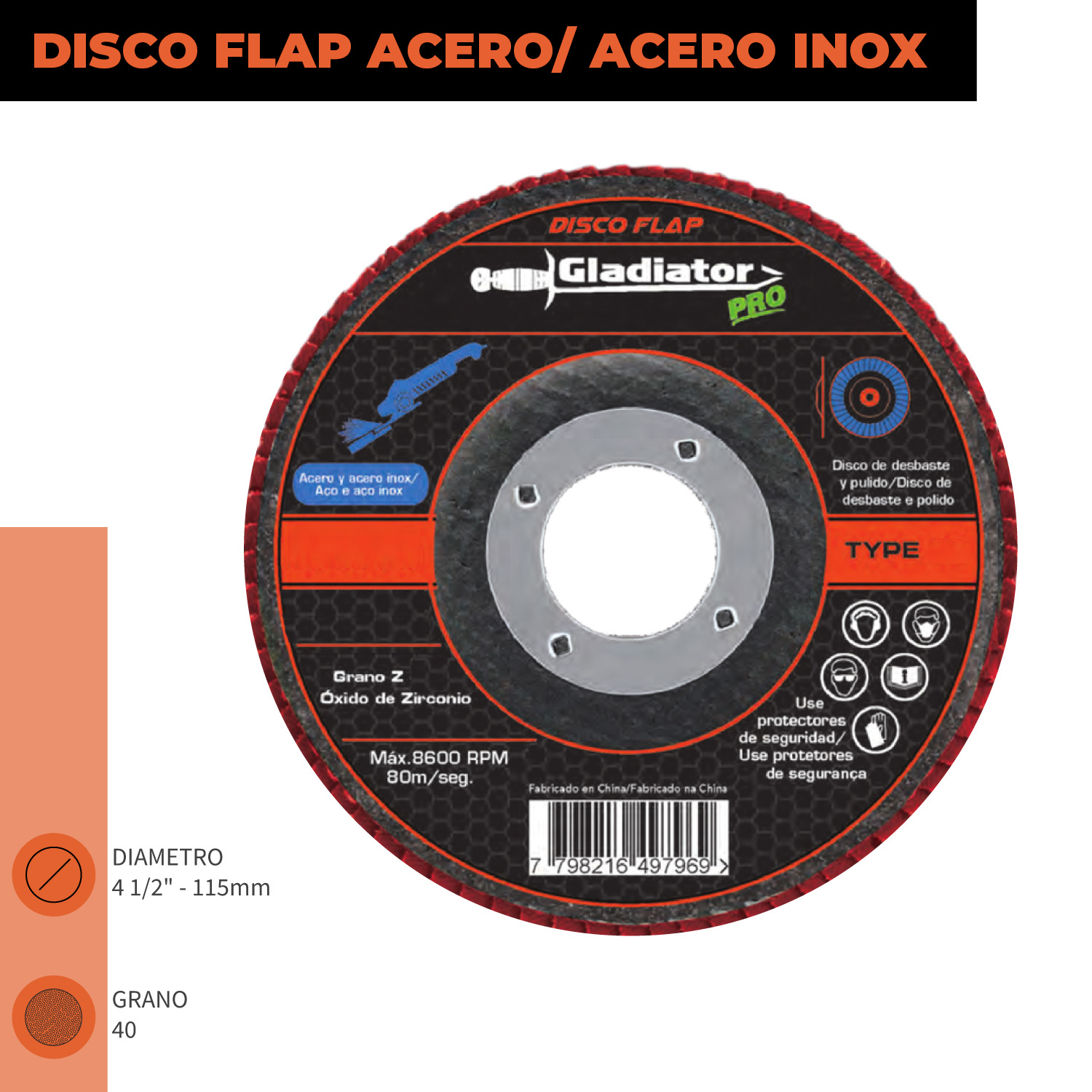 Disco flap 4 1/2' acero/acero inox gr80 |