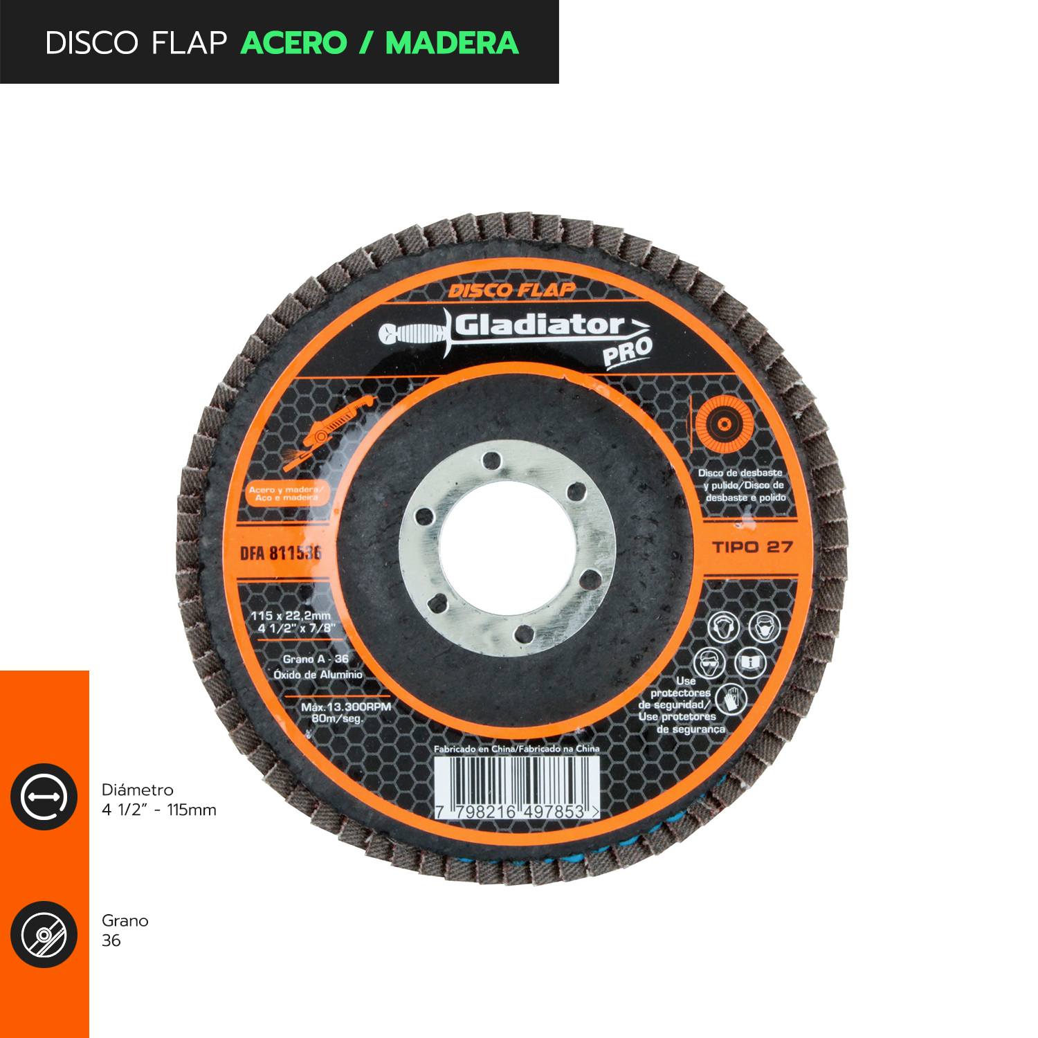 Disco Flap 4-1/2 acero y madera GR100 DFA 811510 Gladiator MI-GLA-051527