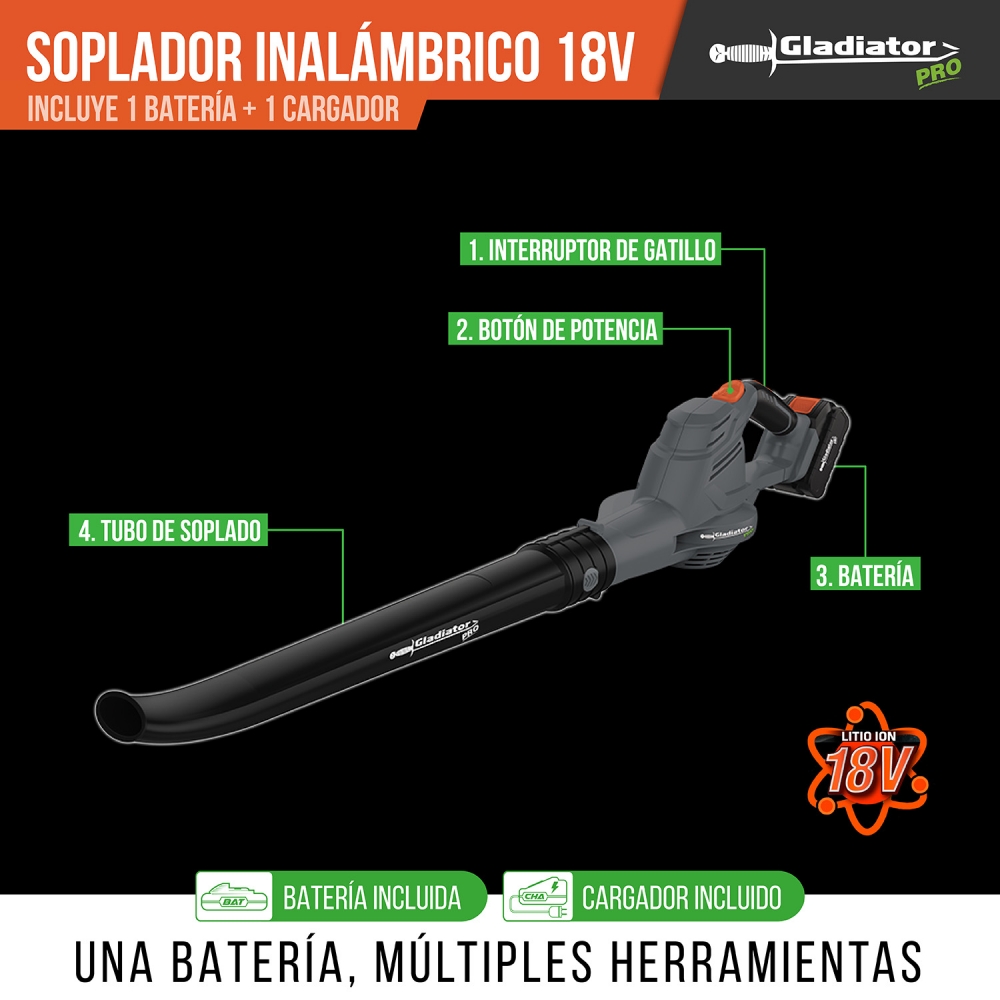 Soplador de hojas, batería intercambiable (no incluida), 18 V
