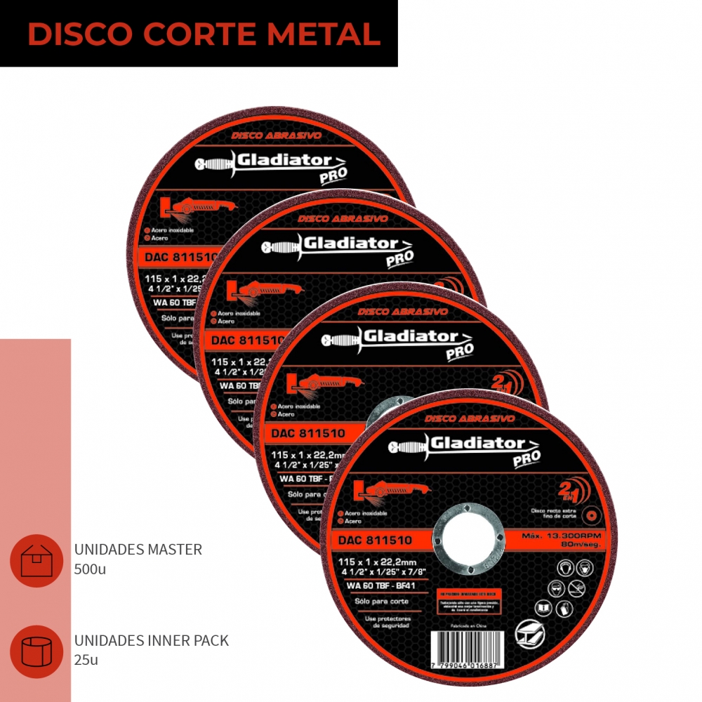 Disco de Corte Metal GLADIATOR Pro 115mm x 1,0mm